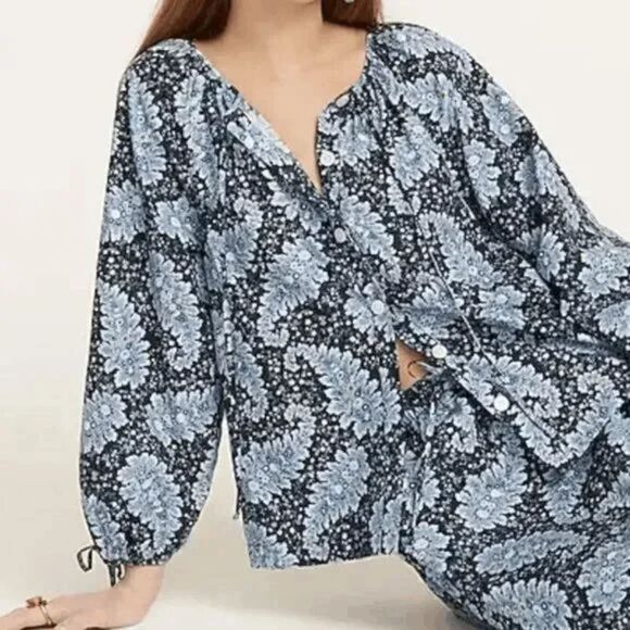 J. Crew Tie Sleeve Button Front Top Small Ratti® Pacific Paisley Blue Peasant - Picture 1 of 11
